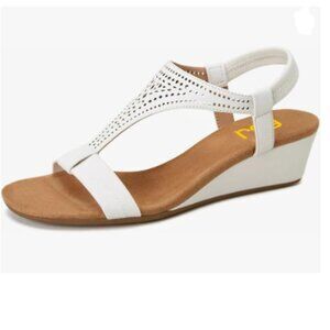 FSJ White Open Toe Low Wedge Heel T-Strap Comfy Padded Sole Ankle Strap Sandals